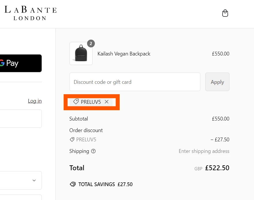 LaBante London verified Coupon code PRELUV5